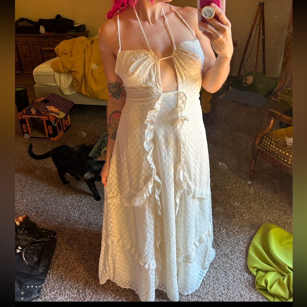 12th Tribe Polka Dot Ruffle Flowy Maxi Dress